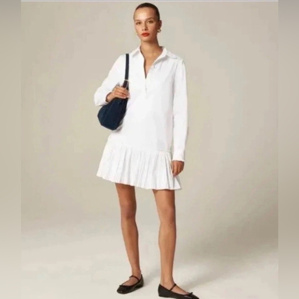 J.Crew Amelia Long Sleeve Shirt Dress White Cotton Poplin Ruffle Hem & Lace Sz S